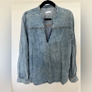 Gathered organic-cotton blend denim blouse